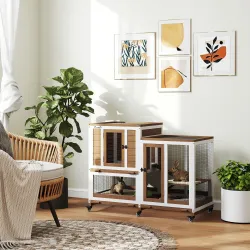 Conejera de Madera de 2 Niveles Jaula para Conejos con Ruedas Escaleras y Bandejas Extraíbles 110x50x86 cm Marrón - Ogal.Es
