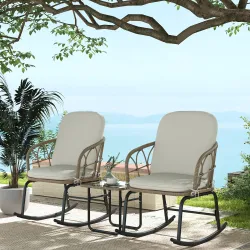 Conjunto de Muebles de Ratán de 3 Piezas con 1 Mesa de Centro 2 Mecedoras y Cojines para Jardín Crema y Beige - Ogal.Es