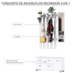Conjunto de Recibidor de Entrada con Espejo Perchero Zapatero 3 Ganchos Estante y 2 Cajones para Pasillo Blanco - Ogal.Es