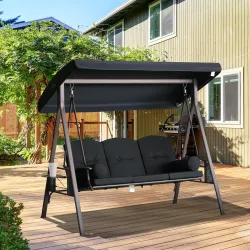 Columpio de Jardín Exteriorde 3 Plazas con Toldo Ajustable Bandejas Laterales y 2 Almohadas 208x121x172 cm Negro - Ogal.Es