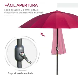 Sombrilla de Jardín Ø250x240 cm con Manivela Parasol con Ángulo Inclinable con 18 Varillas para Exterior Rojo Bu... - Ogal.Es