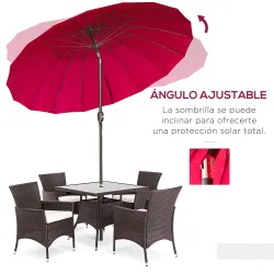 Sombrilla de Jardín Ø250x240 cm con Manivela Parasol con Ángulo Inclinable con 18 Varillas para Exterior Rojo Bu... - Ogal.Es