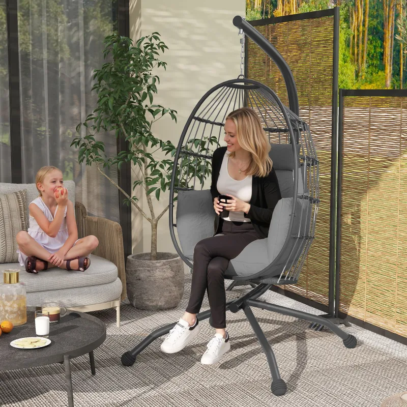 Silla Colgante con Soporte Cesta Plegable Cojín y Reposacabezas para Interior y Exterior Carga 120 kg Gris - Ogal.Es