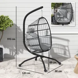 Silla Colgante con Soporte Cesta Plegable Cojín y Reposacabezas para Interior y Exterior Carga 120 kg Gris - Ogal.Es