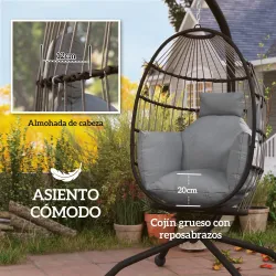 Silla Colgante con Soporte Cesta Plegable Cojín y Reposacabezas para Interior y Exterior Carga 120 kg Gris - Ogal.Es
