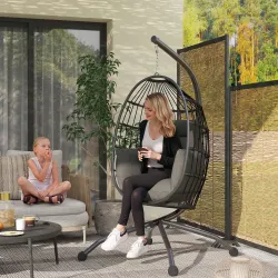 Silla Colgante con Soporte Cesta Plegable Cojín y Reposacabezas para Interior y Exterior Carga 120 kg Negro - Ogal.Es