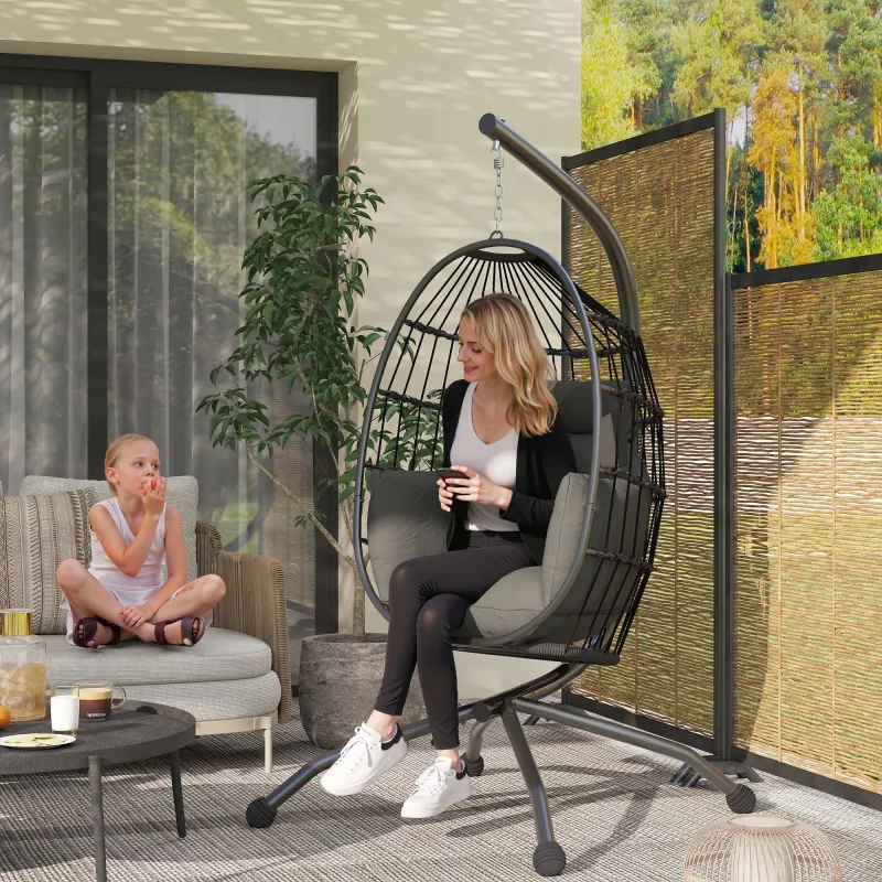 Silla Colgante con Soporte Cesta Plegable Cojín y Reposacabezas para Interior y Exterior Carga 120 kg Negro - Ogal.Es