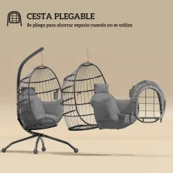 Silla Colgante con Soporte Cesta Plegable Cojín y Reposacabezas para Interior y Exterior Carga 120 kg Gris - Ogal.Es