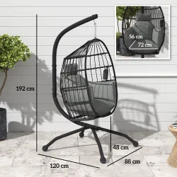 Silla Colgante con Soporte Cesta Plegable Cojín y Reposacabezas para Interior y Exterior Carga 120 kg Negro - Ogal.Es