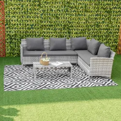 Alfombra de Exterior Reversible 182x274 cm con Patrón Geométrico Acabado Impermeable Blanco y Negro - Ogal.Es