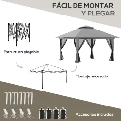 Carpa Plegable Pop-up con Altura Ajustable Protección UV50+ Doble Techo y Mosquiteras 4x4x2,8 m Gris - Ogal.Es