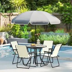 Conjunto de Muebles de Jardín de 6 Piezas con Mesa Redonda Sillas Plegables y Sombrilla para Patio y Terraza Crema - Ogal.Es