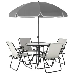 Conjunto de Muebles de Jardín de 6 Piezas con Mesa Redonda Sillas Plegables y Sombrilla para Patio y Terraza Crema - Ogal.Es