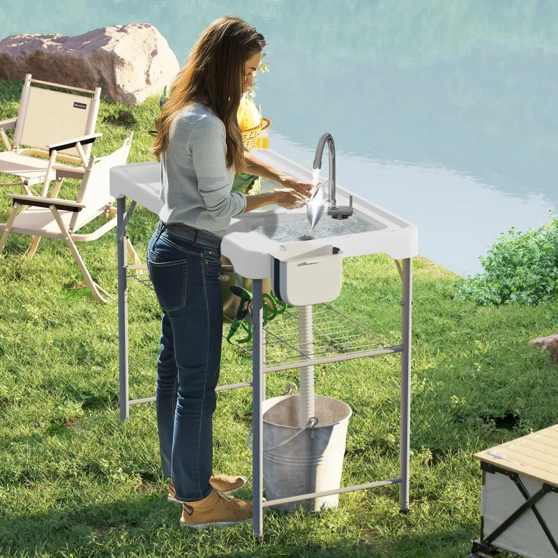 Mesa Plegable para Camping con 2 Fregaderos Manguera de Drenaje Estación de Limpieza y Grifo Blanco - Ogal.Es