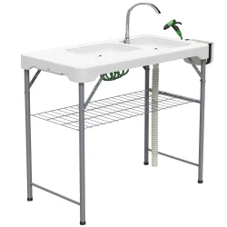 Mesa Plegable para Camping con 2 Fregaderos Manguera de Drenaje Estación de Limpieza y Grifo Blanco - Ogal.Es