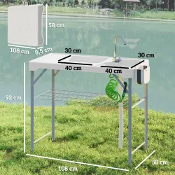Mesa Plegable para Camping con 2 Fregaderos Manguera de Drenaje Estación de Limpieza y Grifo Blanco - Ogal.Es
