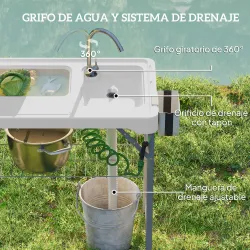 Mesa Plegable para Camping con 2 Fregaderos Manguera de Drenaje Estación de Limpieza y Grifo Blanco - Ogal.Es