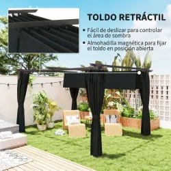 Pérgola con Techo Retráctil 4x3 m Cenador con Paredes Laterales Anti-UV Resistente al Agua para Jardín Patio Gri... - Ogal.Es
