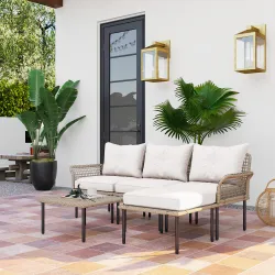Conjunto de Jardín de Ratán Sintético con Sofá de Exterior de 4 Módulos y 1 Mesa de Centro y Cojines Crema - Ogal.Es