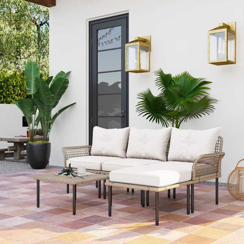 Conjunto de Jardín de Ratán Sintético con Sofá de Exterior de 4 Módulos y 1 Mesa de Centro y Cojines Crema - Ogal.Es