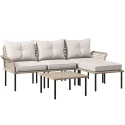 Conjunto de Jardín de Ratán Sintético con Sofá de Exterior de 4 Módulos y 1 Mesa de Centro y Cojines Crema - Ogal.Es