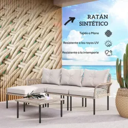 Conjunto de Jardín de Ratán Sintético con Sofá de Exterior de 4 Módulos y 1 Mesa de Centro y Cojines Crema - Ogal.Es