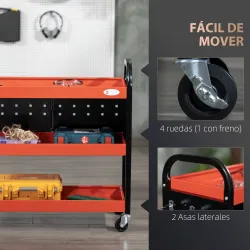 Carro de Herramientas con 3 Estantes Paneles Perforados y Ruedas con Freno para Garaje Taller Almacén 75x35x80 c... - Ogal.Es