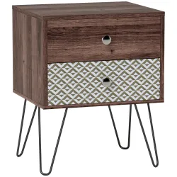 Mesita de Noche con 2 Cajones Patas de Acero Estilo Bohemio para Dormitorio Salón 45x39x55,5 cm Marrón - Ogal.Es
