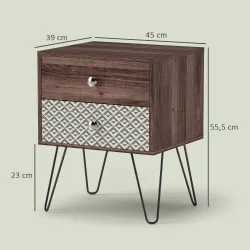 Mesita de Noche con 2 Cajones Patas de Acero Estilo Bohemio para Dormitorio Salón 45x39x55,5 cm Marrón - Ogal.Es