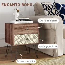 Mesita de Noche con 2 Cajones Patas de Acero Estilo Bohemio para Dormitorio Salón 45x39x55,5 cm Marrón - Ogal.Es