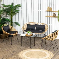 Conjunto de Muebles de Jardín 4 Piezas con Sofá Sillones y Mesa de Centro Resina Trenzada PE y Cojines - Ogal.Es