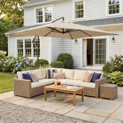 Sombrilla Excéntrica para Jardín Grande Apertura con Manivela Poste de Metal y Base Cruzada 294x193x250 cm Beige - Ogal.Es