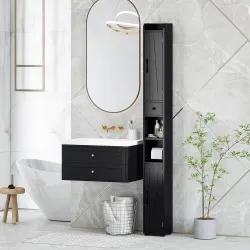 Columna de Baño con 2 Puertas Compartimento Abierto Estantes Ajustables y Portarrollos 20x20x185 cm Negro - Ogal.Es