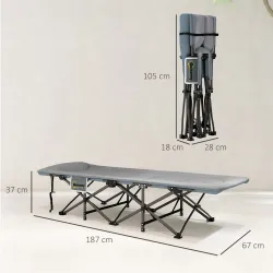 Cama de Camping Plegable con Cojín Integrado Reposacabezas y Bolsillo Lateral 187x67x37 cm Gris - Ogal.Es
