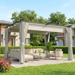 Pérgola con Techo Retráctil 4x3 m Cenador con Paredes Laterales Anti-UV Resistente al Agua para Jardín Patio Crema - Ogal.Es