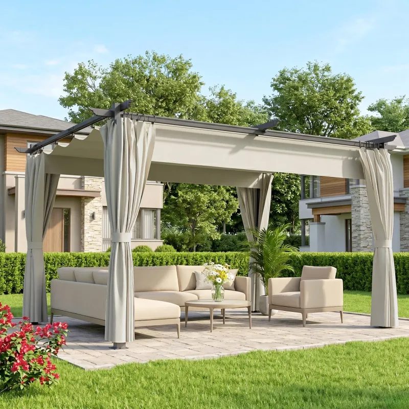 Pérgola con Techo Retráctil 4x3 m Cenador con Paredes Laterales Anti-UV Resistente al Agua para Jardín Patio Crema - Ogal.Es