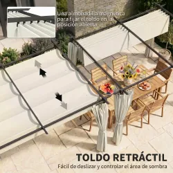 Pérgola con Techo Retráctil 4x3 m Cenador con Paredes Laterales Anti-UV Resistente al Agua para Jardín Patio Crema - Ogal.Es