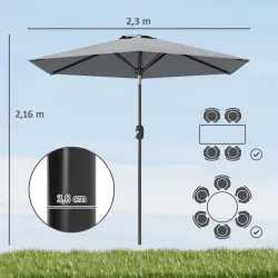 Sombrilla de Jardín Ø230x216 cm con Apertura Manual Ángulo Ajustable e Impermeable para Terraza Piscina Gris - Ogal.Es