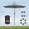 Sombrilla de Jardín Ø230x216 cm con Apertura Manual Ángulo Ajustable e Impermeable para Terraza Piscina Gris - Ogal.Es