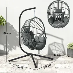 Silla Colgante Huevo con Soporte con Cesta Plegable Cojín y Reposacabezas para Interior y Exterior Carga 120 kg ... - Ogal.Es