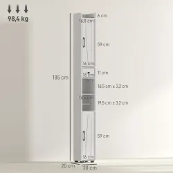 Columna de Baño con 2 Puertas Compartimento Abierto Estantes Ajustables y Portarrollos 20x20x185 cm Blanco - Ogal.Es