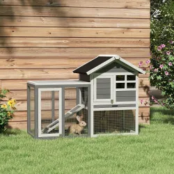 Jaula para Conejos con Zona Abierta Techo Asfáltico Bandeja Extraíble y Rampa para Exterior 123,5x62,6x92,5 cm Gris - Ogal.Es