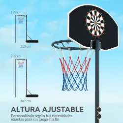 Canasta de Baloncesto con Tablero de Dardos Altura Ajustable Base Rellenable y Ruedas 74x55x210-247 cm Negro - Ogal.Es