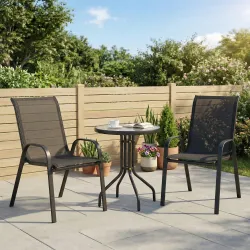 Conjunto de Jardín de 3 Piezas con Mesa Redonda Encimera de Vidrio y Sillas Apilables para Exteriores Negro - Ogal.Es