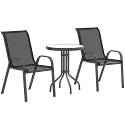 Conjunto de Jardín de 3 Piezas con Mesa Redonda Encimera de Vidrio y Sillas Apilables para Exteriores Negro - Ogal.Es