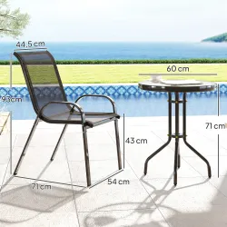 Conjunto de Jardín de 3 Piezas con Mesa Redonda Encimera de Vidrio y Sillas Apilables para Exteriores Negro - Ogal.Es
