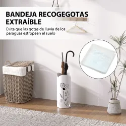 Paragüero de Acero con 4 Ganchos y Bandeja de Goteo Extraíble y Diseño Decorativo 17x17x41 cm Blanco - Ogal.Es