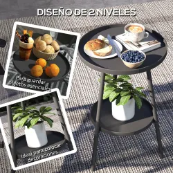 Mesa de Jardín Redonda de 2 Niveles con Bordes Elevados Bandeja Inferior para Exterior e Interior Ø32x51 cm Negro - Ogal.Es