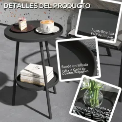 Mesa de Jardín Redonda de 2 Niveles con Bordes Elevados Bandeja Inferior para Exterior e Interior Ø32x51 cm Negro - Ogal.Es