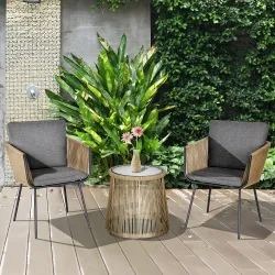 Juego de 2 Sillas y Mesa de Ratán con Cojines Acolchados y Encimera de Vidrio para Balcón Terraza Café y Gris - Ogal.Es